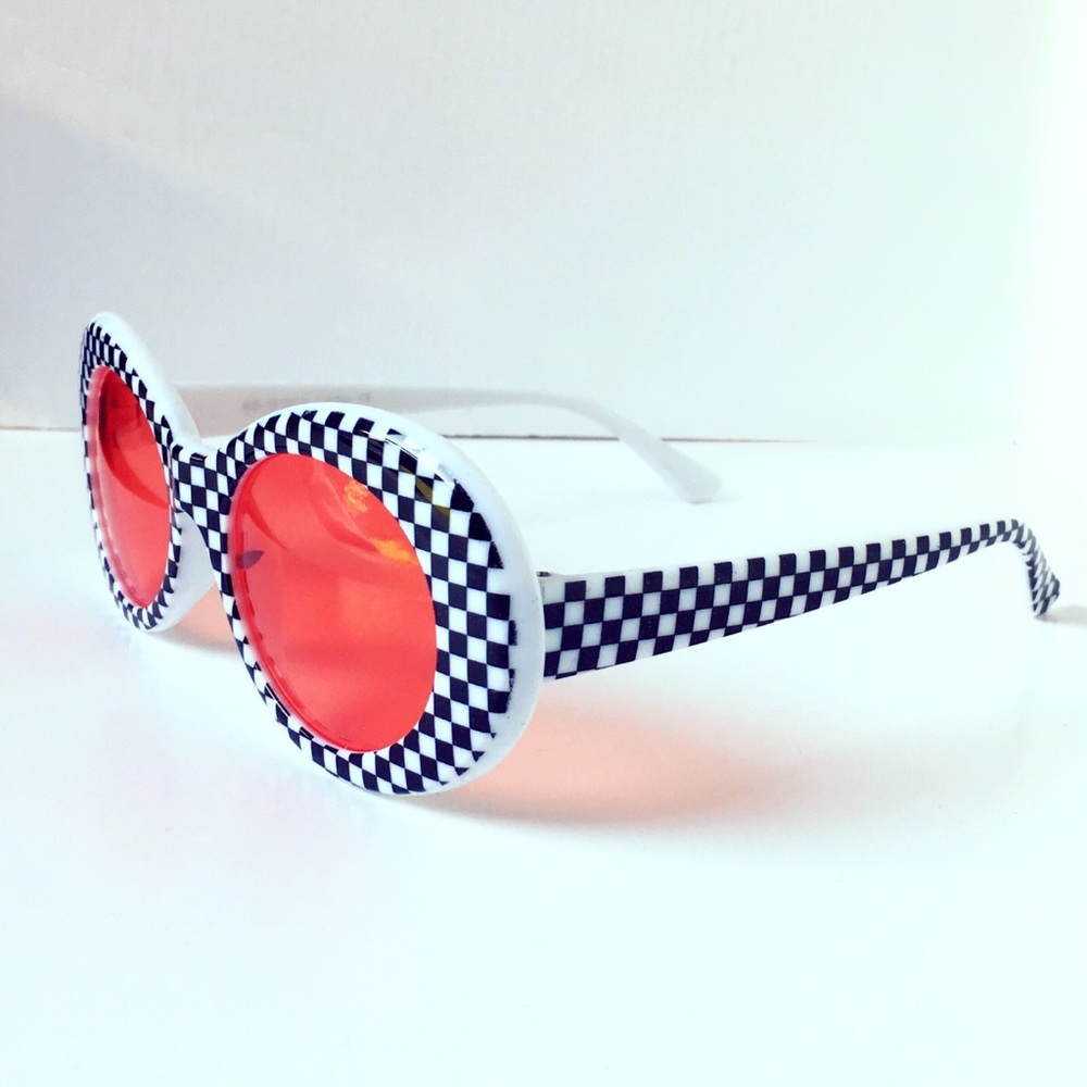 Red Lens Black & White Check Oversized Sunglasses
